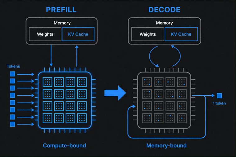 Prefill vs Decode: compute-bound parallel processing vs memory-bound sequential generation